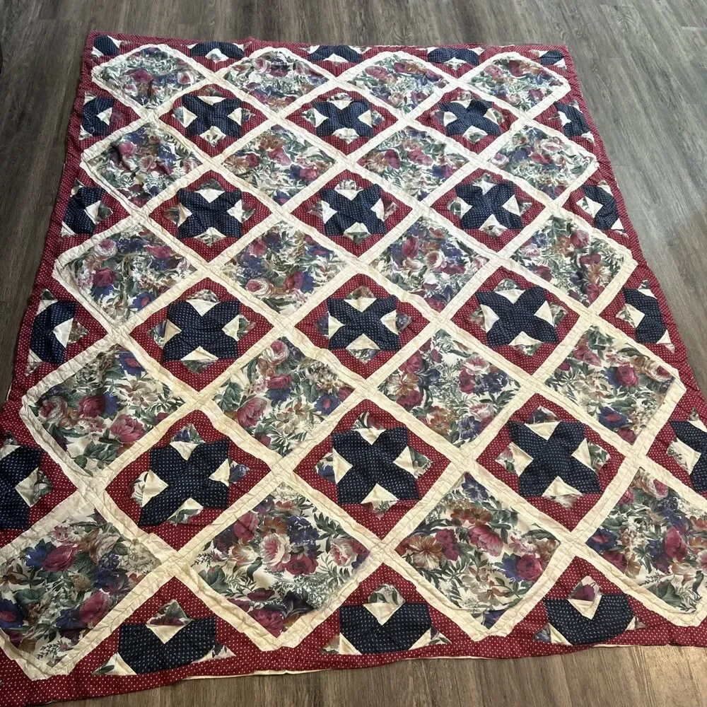 Vtg Twin Handmade Quilt Burgundy And Blue Floral 80x64 Twin Cottage Country